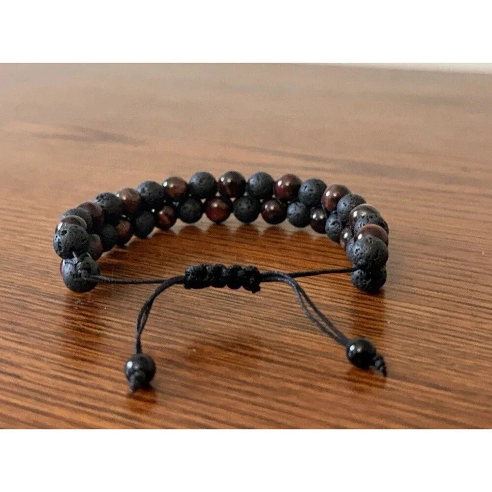 Natural Red Tiger Eye Lava Rock Double Row Braided Bracelet for Men Women